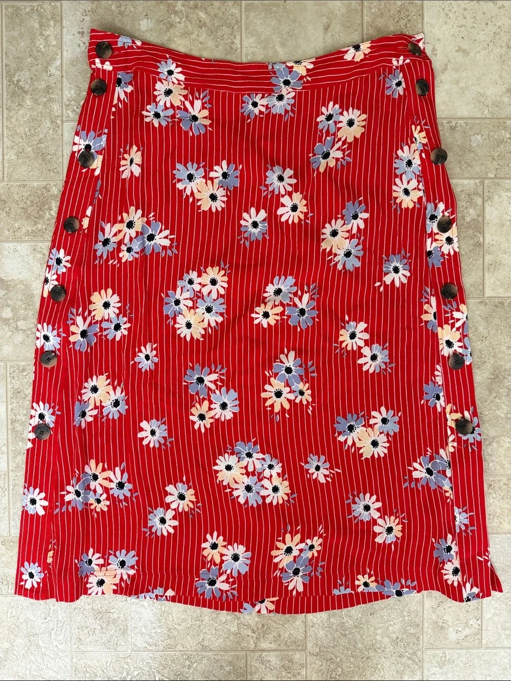 Madewell Red Floral Midi Skirt with Side Buttons